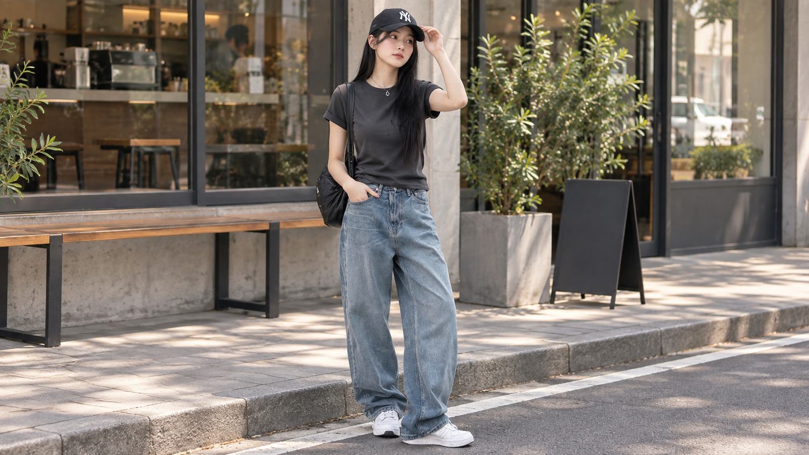 1. Nón kết với áo thun và jeans với nón kết MLB