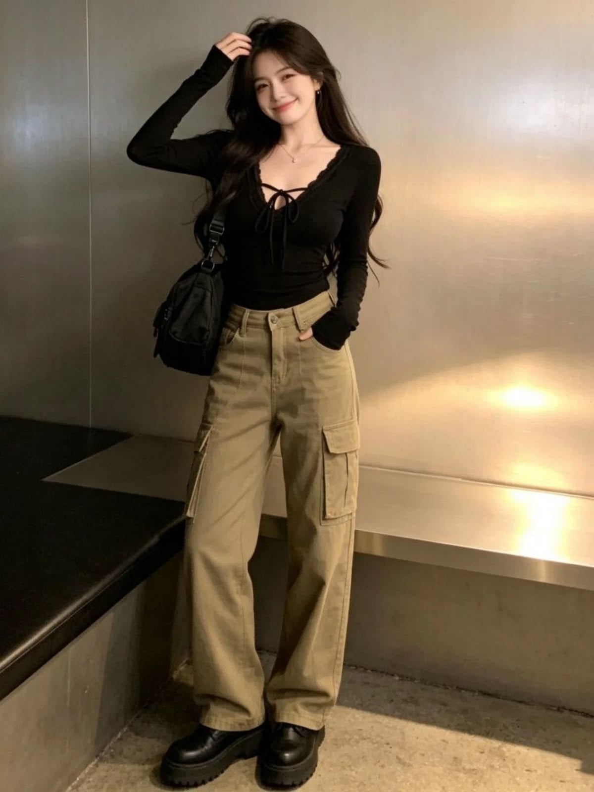 Quần túi hộp kaki phối cardigan đen