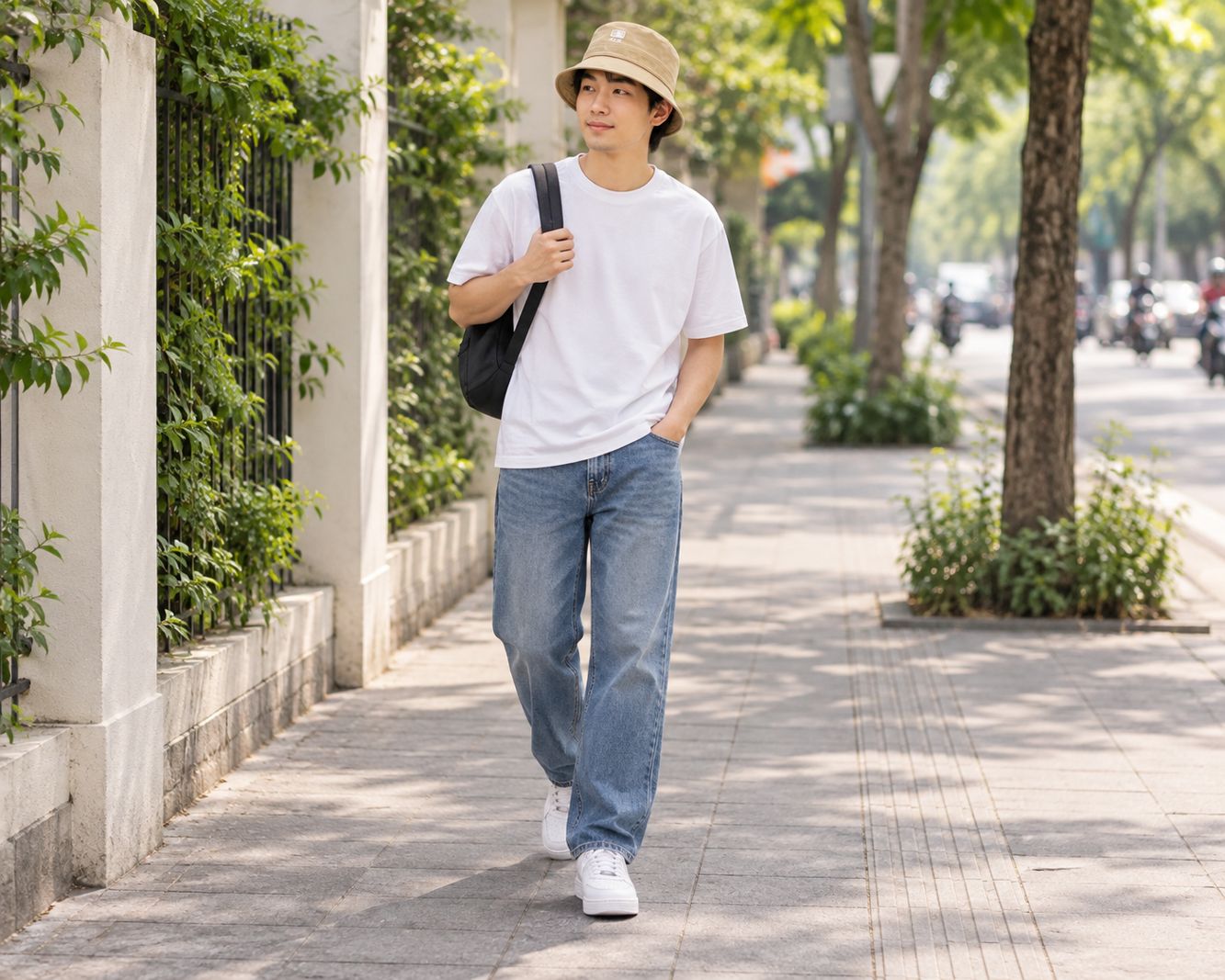 Bucket với áo thun jeans và sneaker