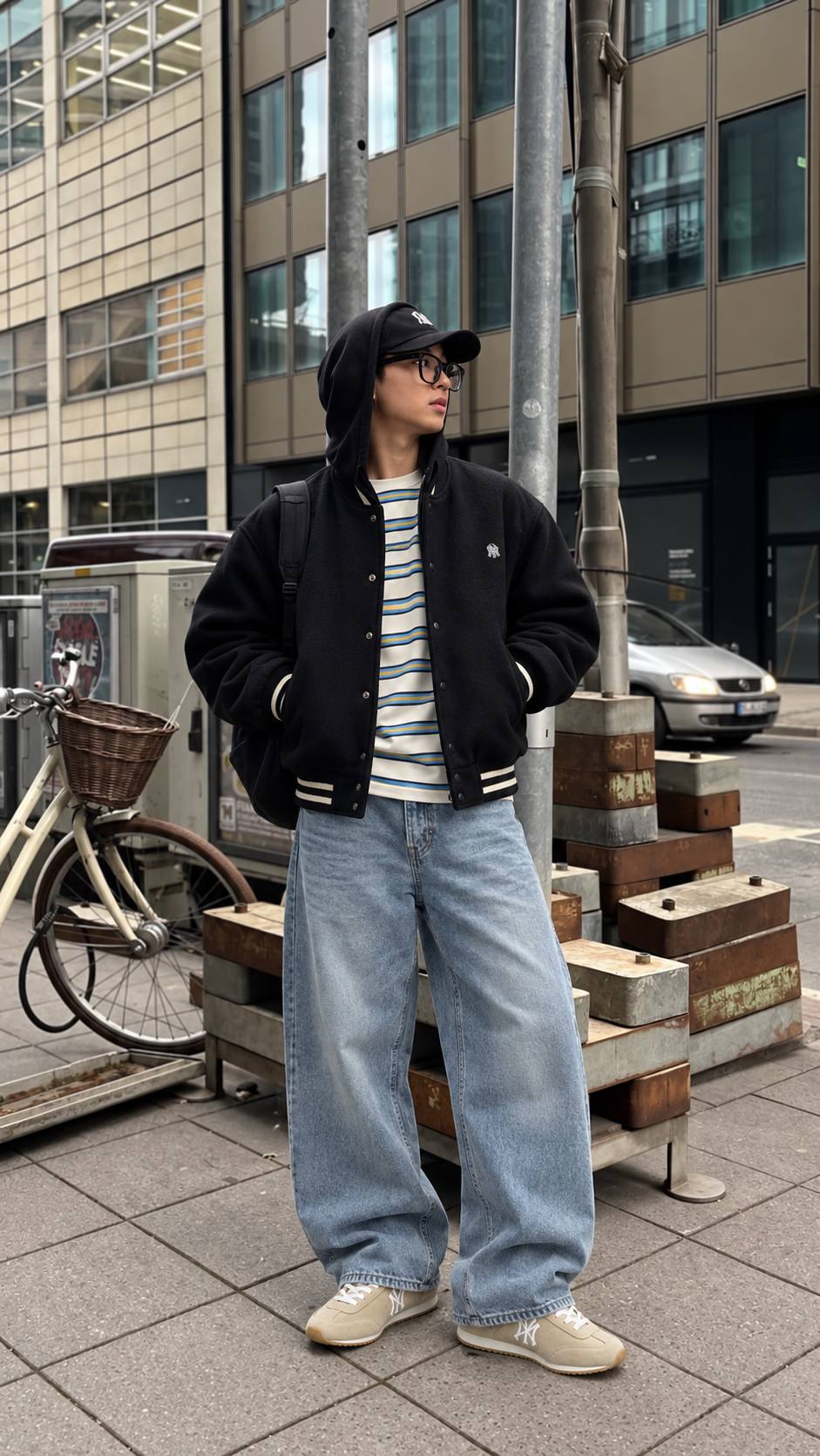 Varsity jacket với áo thun, jeans và sneaker theo tinh thần MLB streetwear