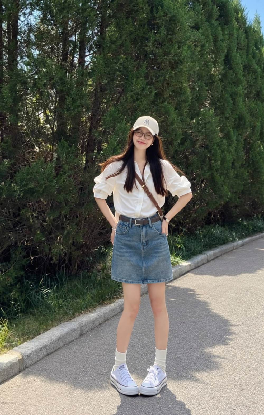 Outfit nữ chân váy với baseball cap MLB