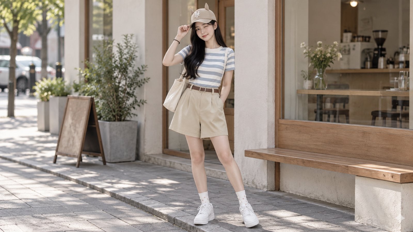 4. Nón kết với outfit nữ trẻ trung với nón kết MLB