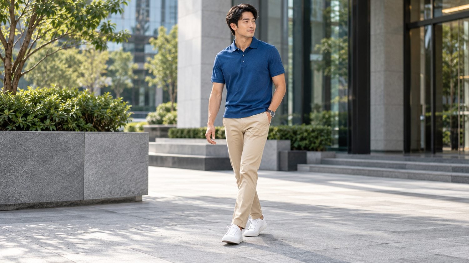 Nam mặc polo xanh nước biển, quần chino be và sneaker trắng