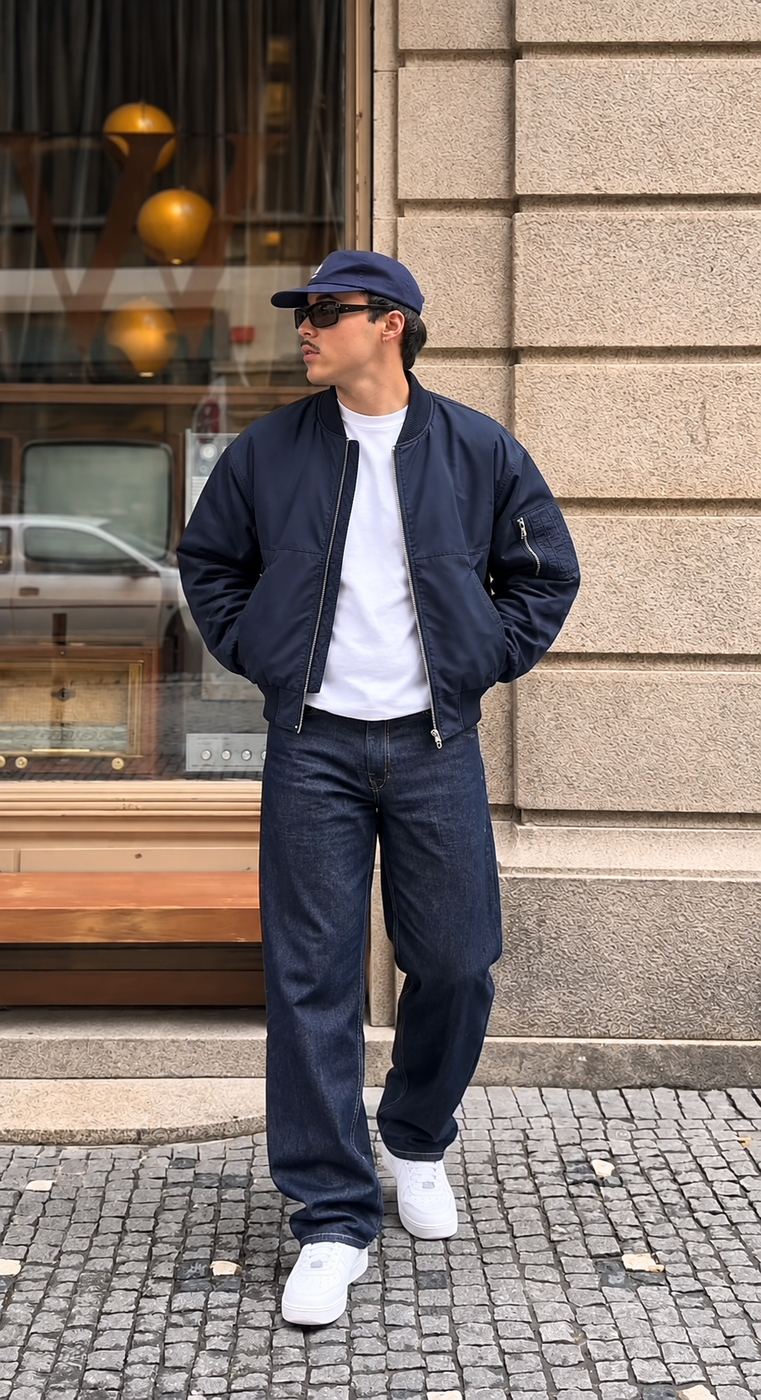 Bomber phối áo thun và quần jeans
