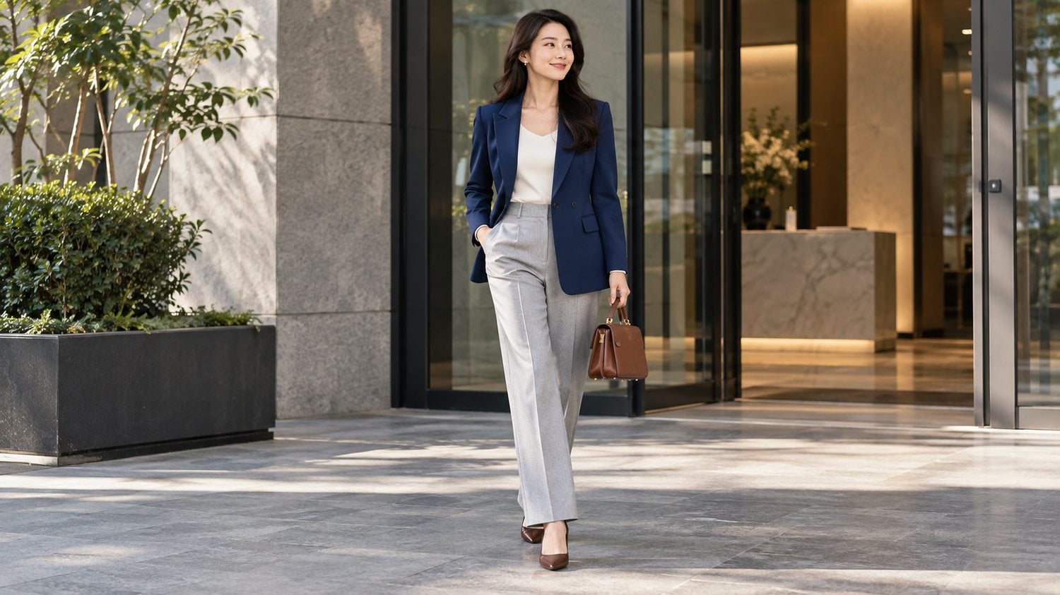 Blazer xanh biển đậm phối áo kem và quần tây xám sáng