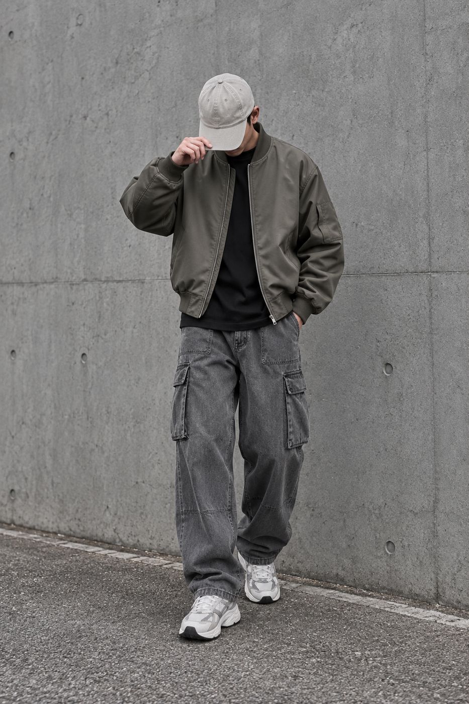 Bomber phối quần cargo và sneaker