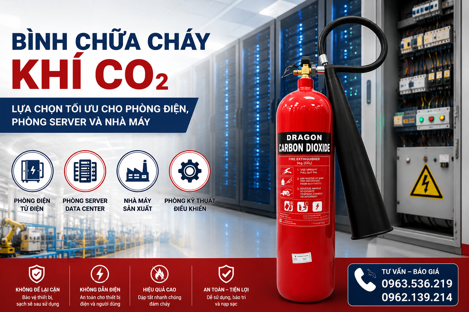 Bình chữa cháy khí CO₂ chính hãng cho phòng điện và phòng server