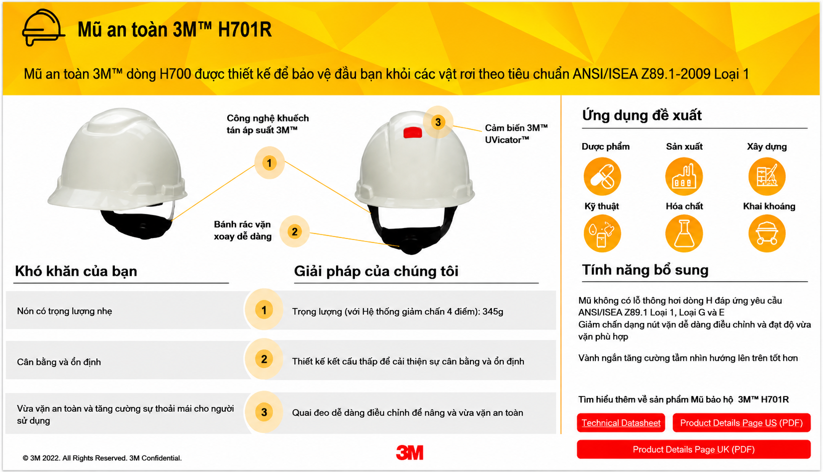 Mũ bảo hộ 3M H701SFV-UV công nghệ cảm biến UV thông minh