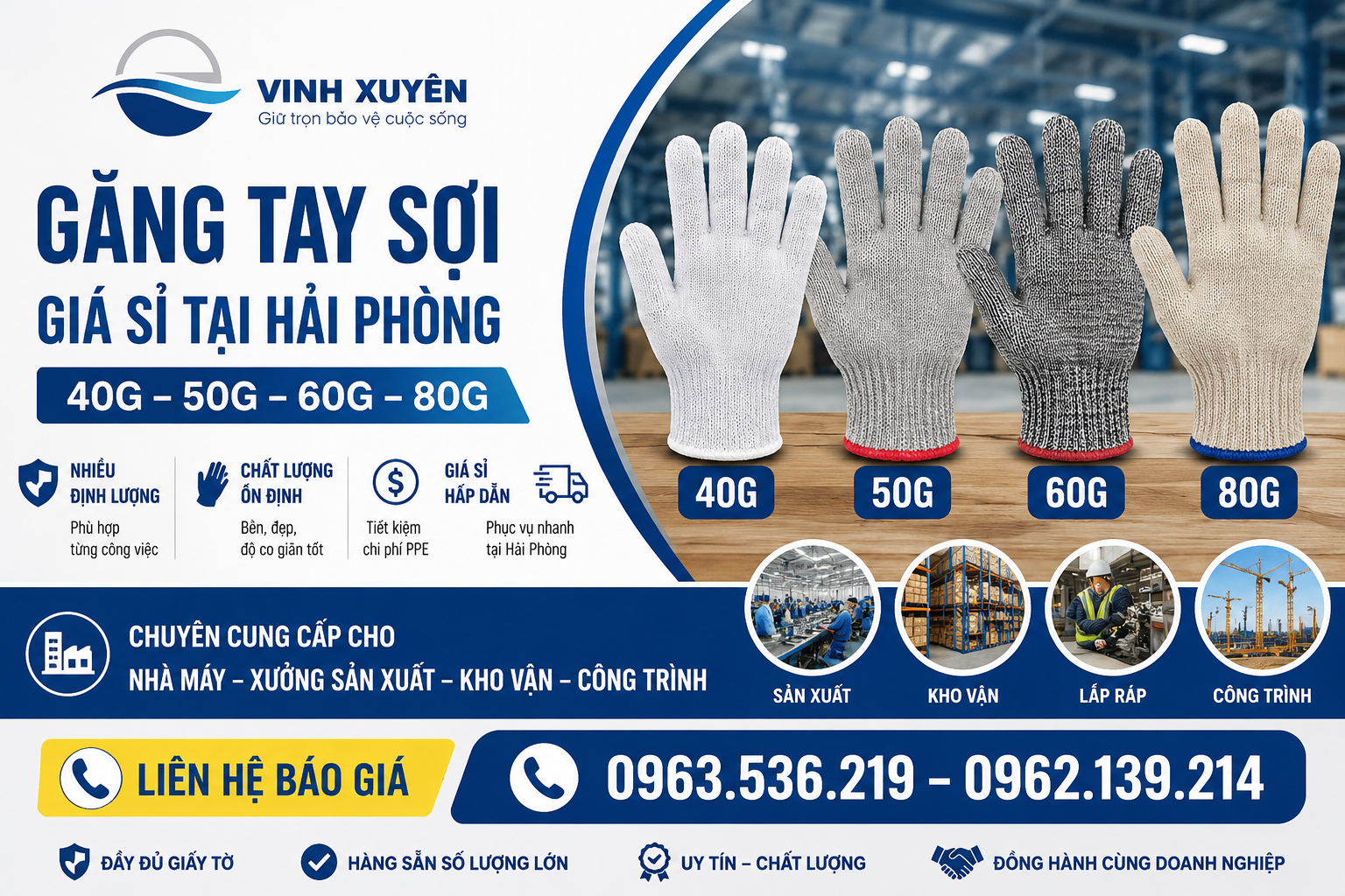 Găng Tay Sợi Giá Sỉ Hải Phòng | 40g, 50g, 60g, 80g