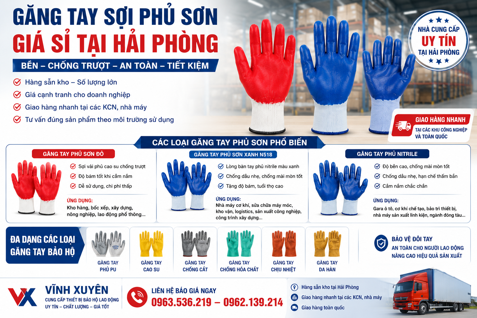 Găng tay sợi phủ sơn xanh, sơn đỏ giá sỉ tại Hải Phòng