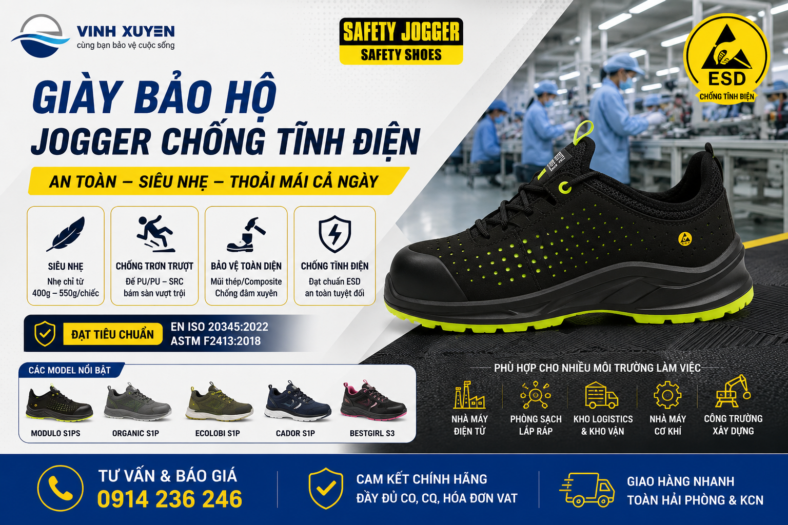 Giày bảo hộ Jogger chống tĩnh điện cho nhà máy điện tử Hải Phòng