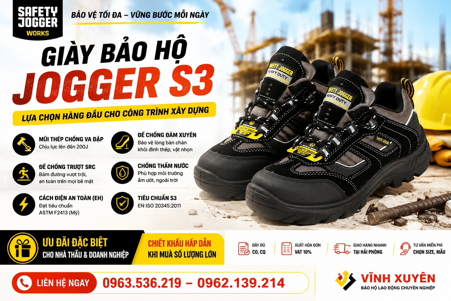 Giày bảo hộ xây dựng Jogger S3 chống đinh, chống trượt | giá sỉ Hải Phòng