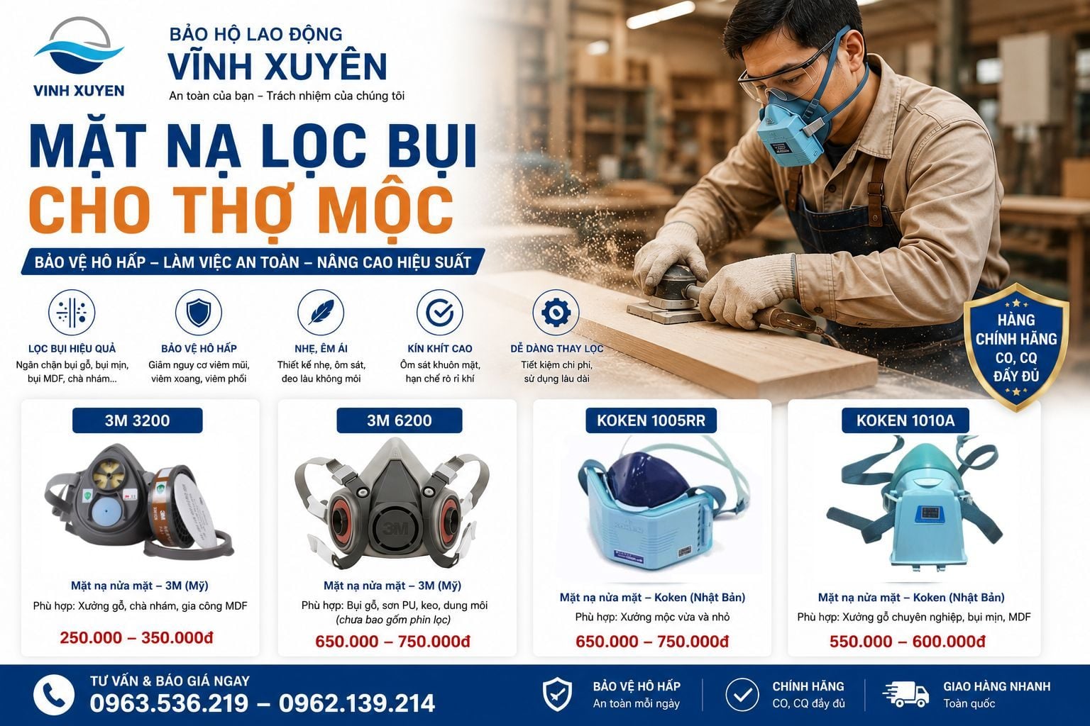 Mặt Nạ Lọc Bụi Cho Thợ Mộc Chính Hãng | Chống Bụi Gỗ, MDF Tại Hải Phòng