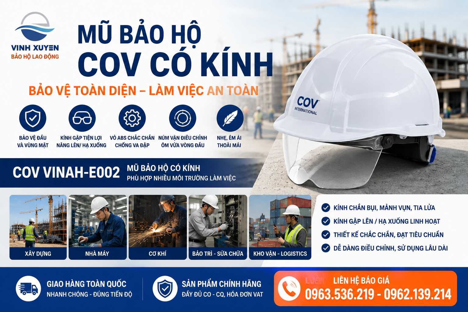 Mũ bảo hộ COV có kính VINAH-E002 chính hãng tại Hải Phòng