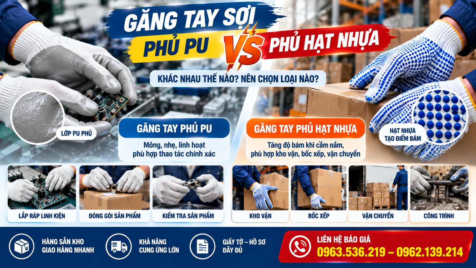 Găng Tay Sợi Phủ PU Và Phủ Hạt Nhựa: Khác Nhau Thế Nào?