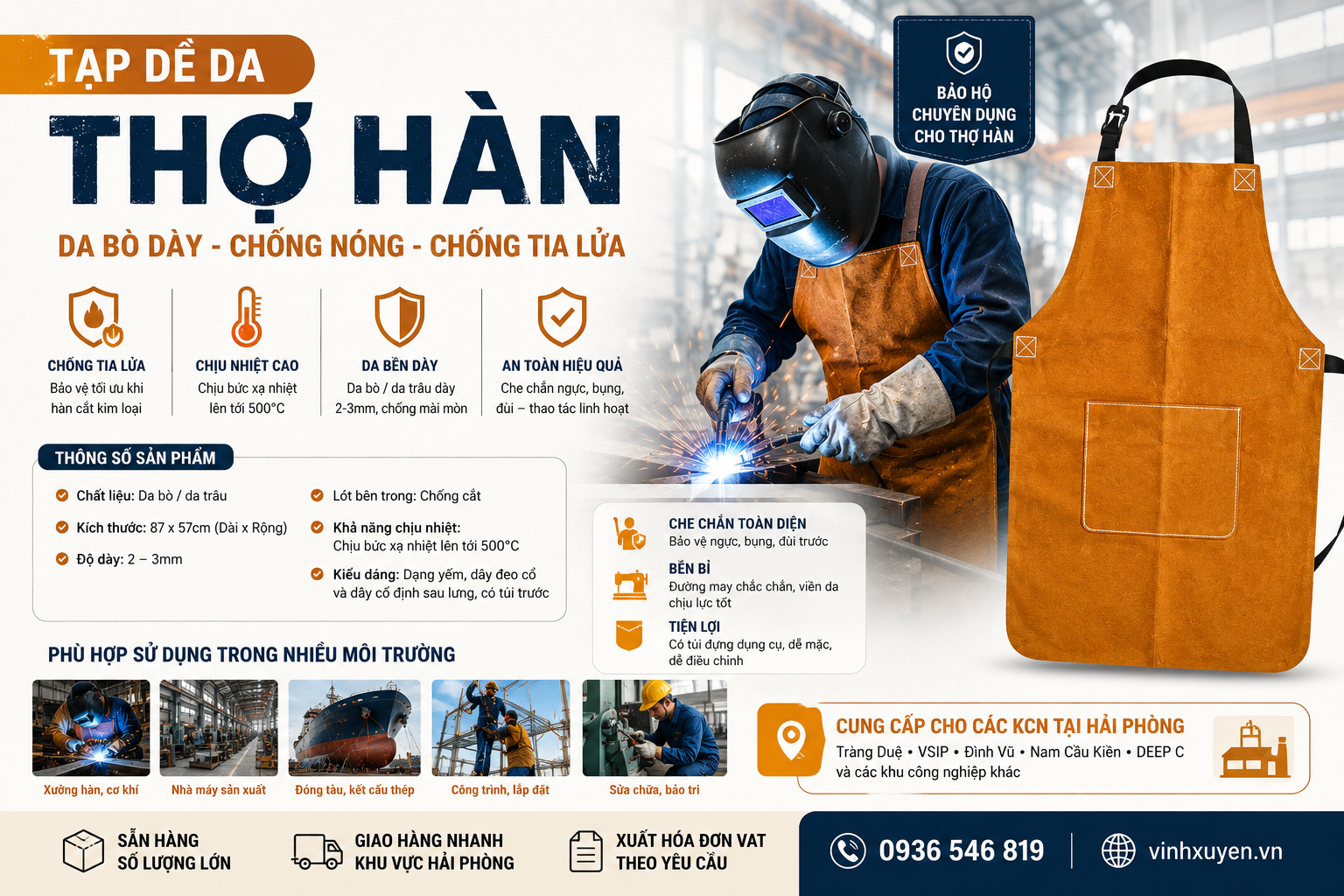 Tạp Dề Da Thợ Hàn Da Bò Dày Chống Nóng – Có Sẵn Tại Hải Phòng