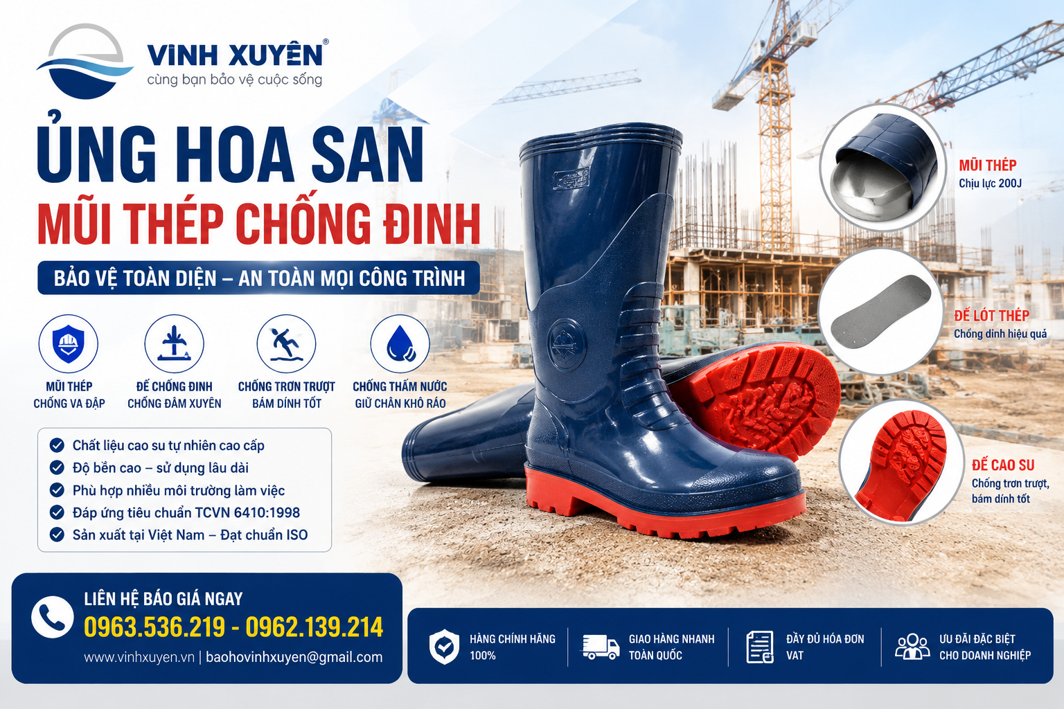 Ủng Hoa San Mũi Thép Chính Hãng Giá Rẻ Tại Hải Phòng