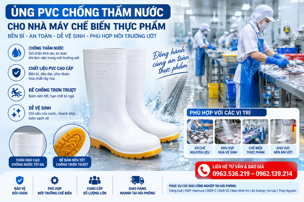 Giày ủng PVC chống thấm nước cho nhà máy chế biến