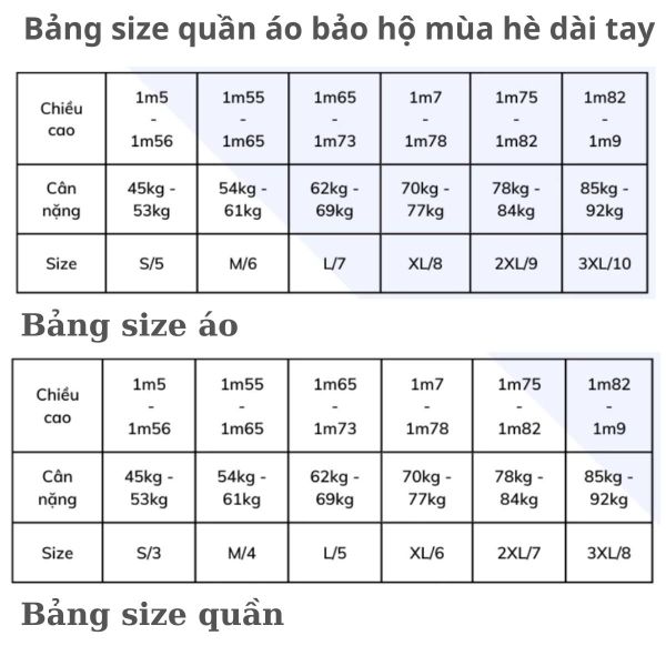 Bảng size quần áo bảo hộ mùa hè dài tay 1 lớp