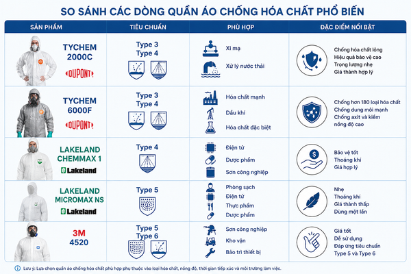 So sánh các mẫu quần áo chống hóa chất phổ biến