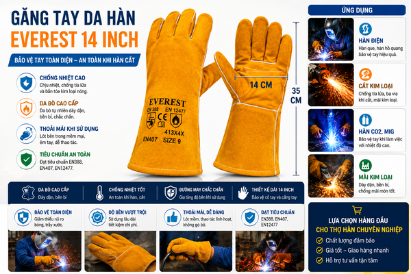 Găng tay da hàn Everest chịu nhiệt chống cháy cho thợ hàn