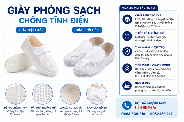 Giày phòng sạch mặt lưới thoáng khí