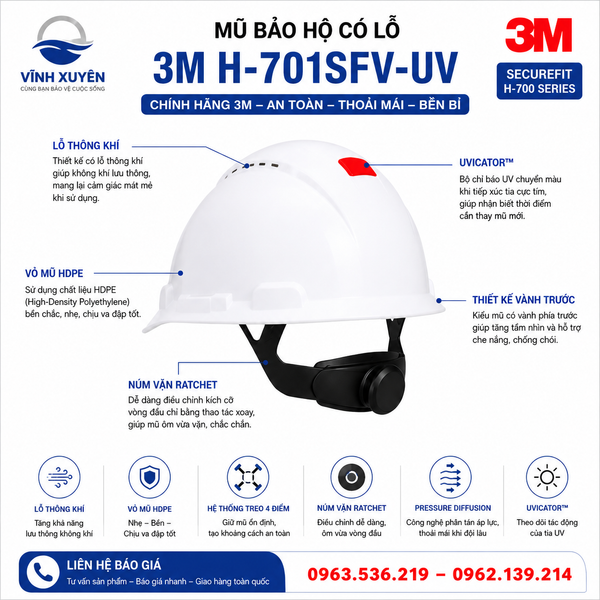 Mũ bảo hộ 3M H-701SFV-UV có lỗ