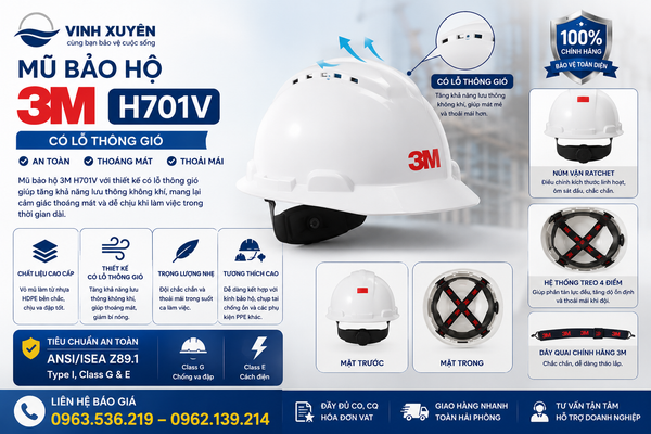 Mũ bảo hộ 3M H701V nhẹ thoáng khí