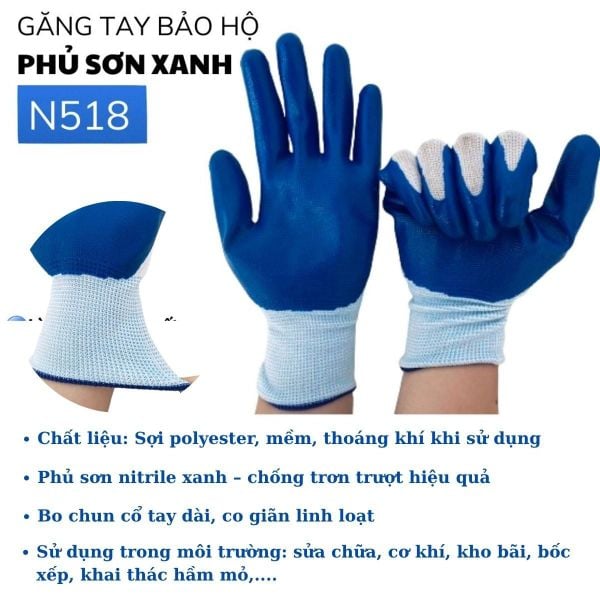 Găng tay phủ sơn nitrile xanh N518 giá rẻ