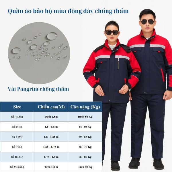 Bảng size Quần áo bảo hộ mùa đông dày ấm chống thấm