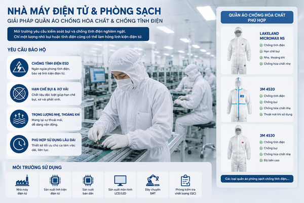 Quần áo chống hóa chất nhà máy điện tử