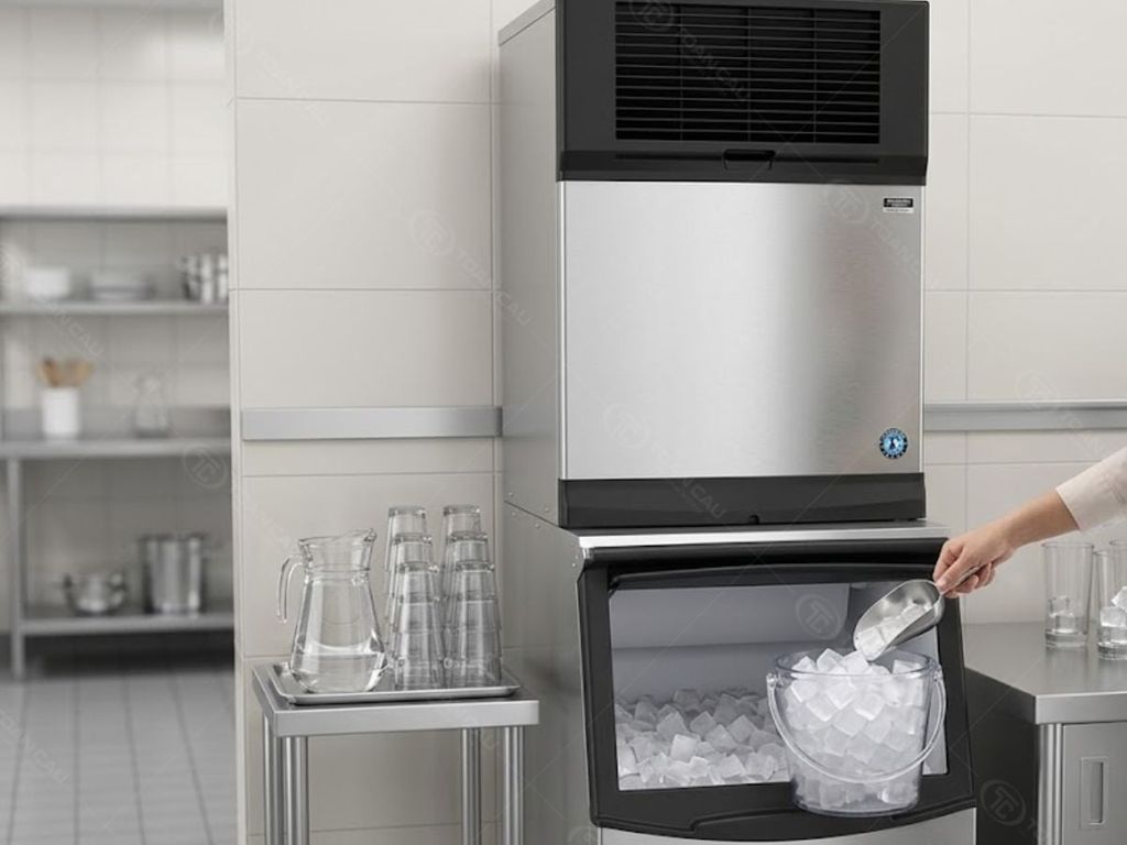 Hình ảnh máy làm đá viên Hoshizaki IM-220AA-23 cùng với thùng chứa đá B-301SA