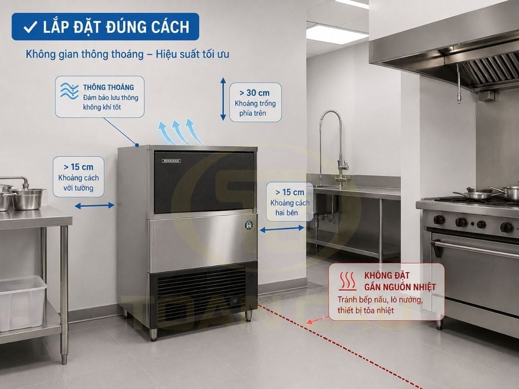 Vị trí lắp đặt máy làm đá công nghiệp thông thoáng đúng khuyến nghị