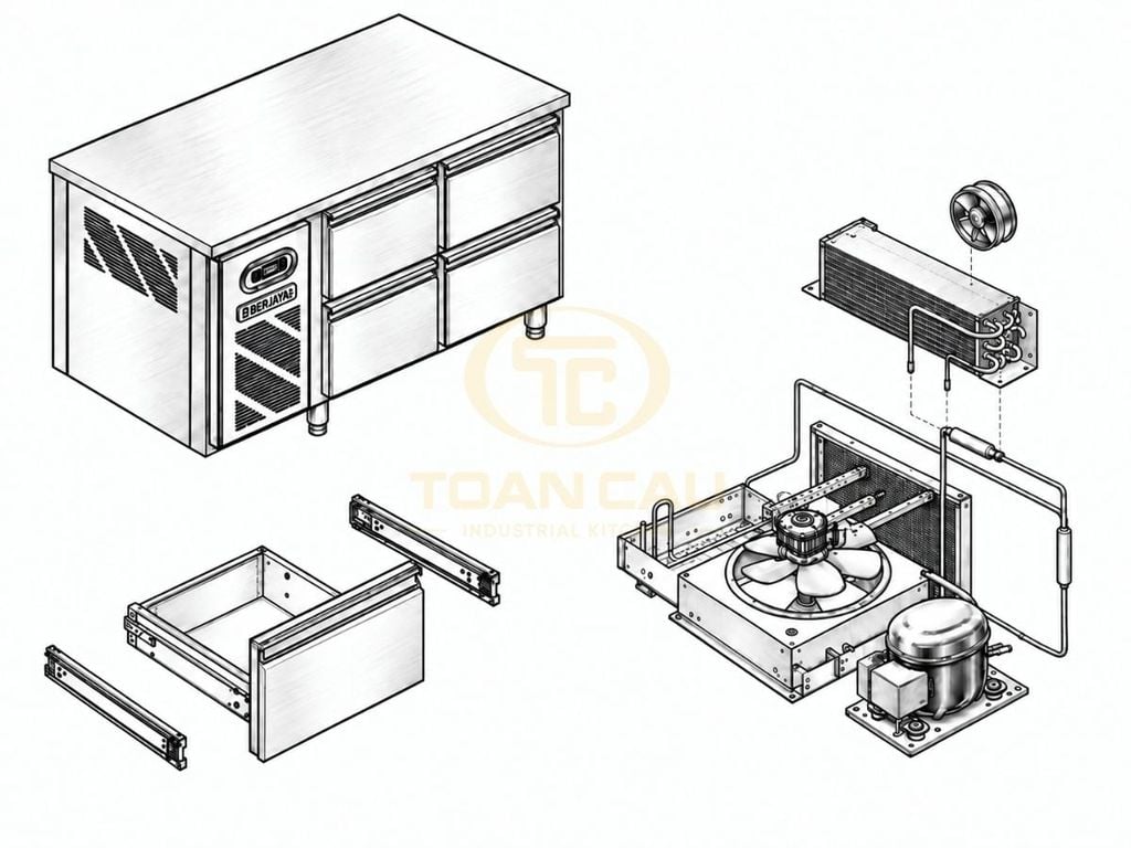 Bàn mát 4 ngăn kéo 2 tầng Berjaya 4DRC-1850-29-2R bản vẽ kỹ thuật