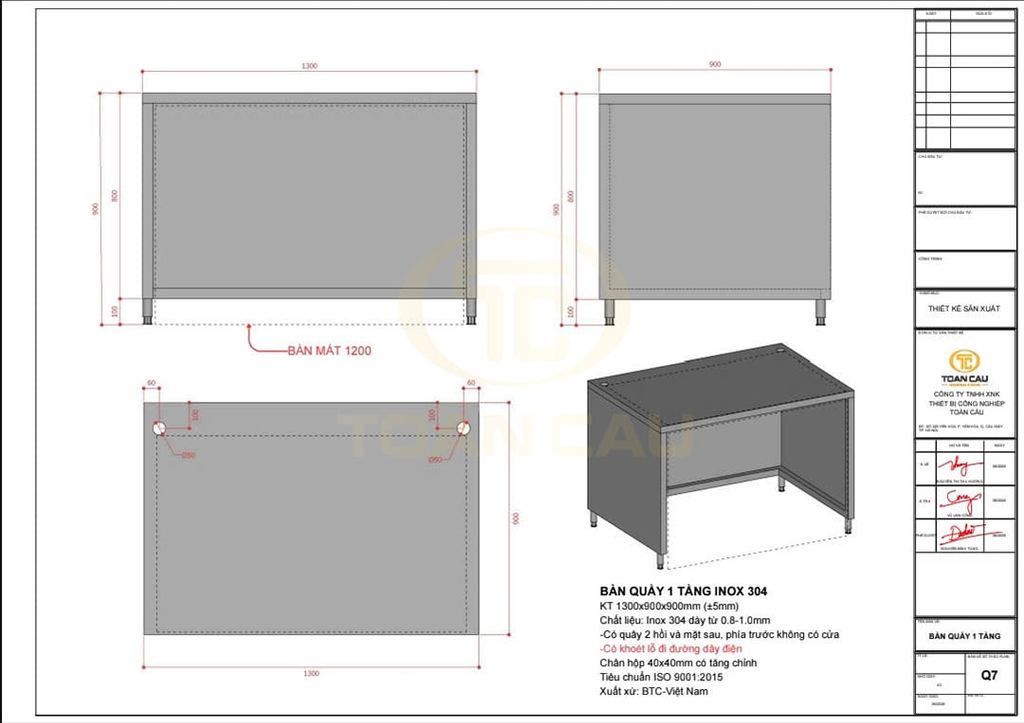 Bản thiết kế bàn quầy 1 tầng inox 304