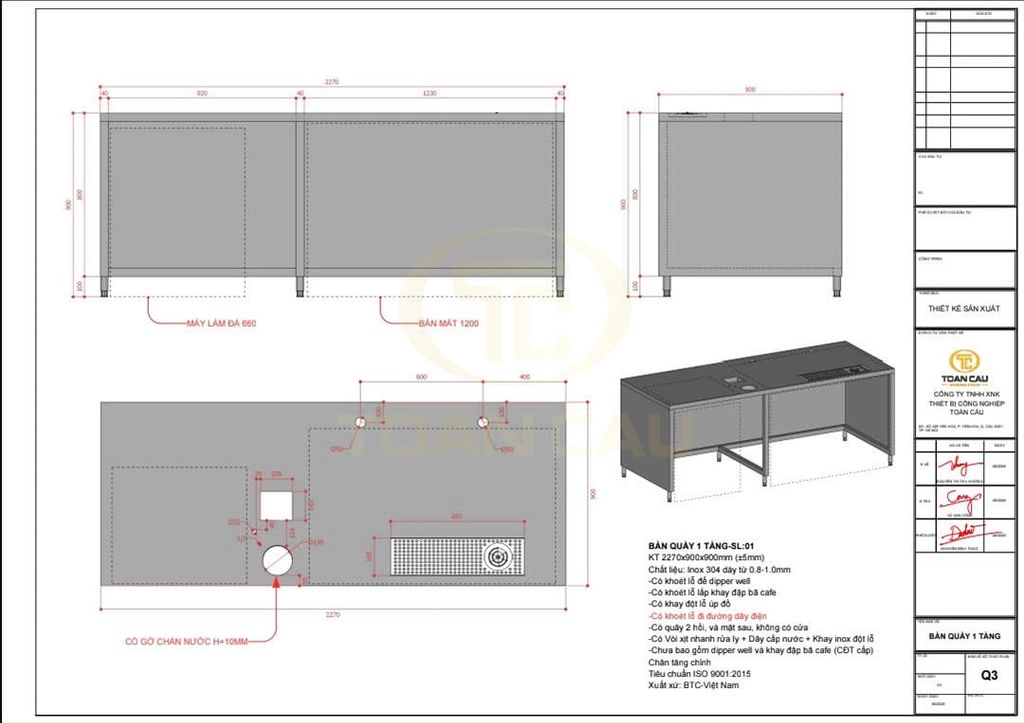 Bản thiết kế bàn quầy bar 1 tầng 2m2