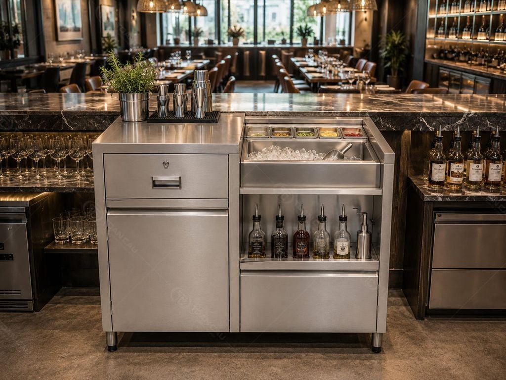 Hình ảnh phối cảnh không gian bàn quầy bar inox 1m3