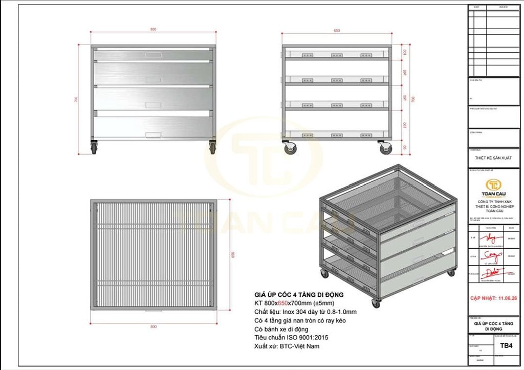 Bản thiết kế giá úp cốc 4 tầng di động