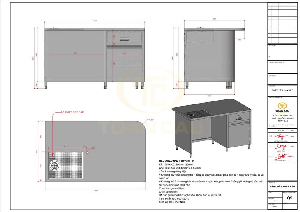 Bản thiết kế bàn quầy ngăn kéo 1m5