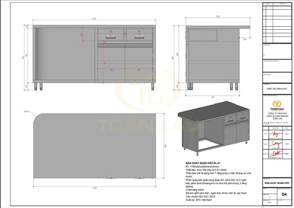 Bản thiết kế bàn quầy ngăn kéo 1m7