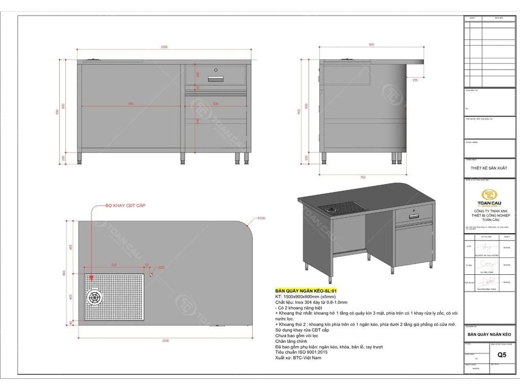 Bản vẽ bàn pha chế inox