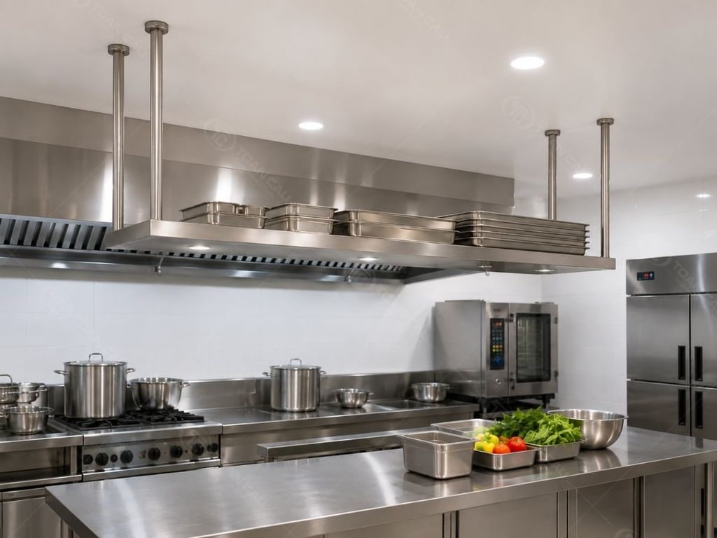 Giá treo trần inox 1 tầng TC-GT01 trong không gian bếp công nghiệp