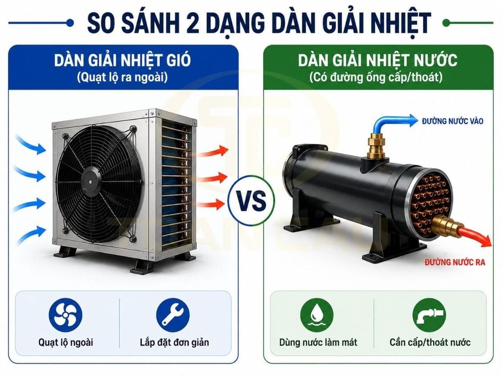 So sánh dàn giải nhiệt gió và giải nhiệt nước trên máy làm đá công nghiệp