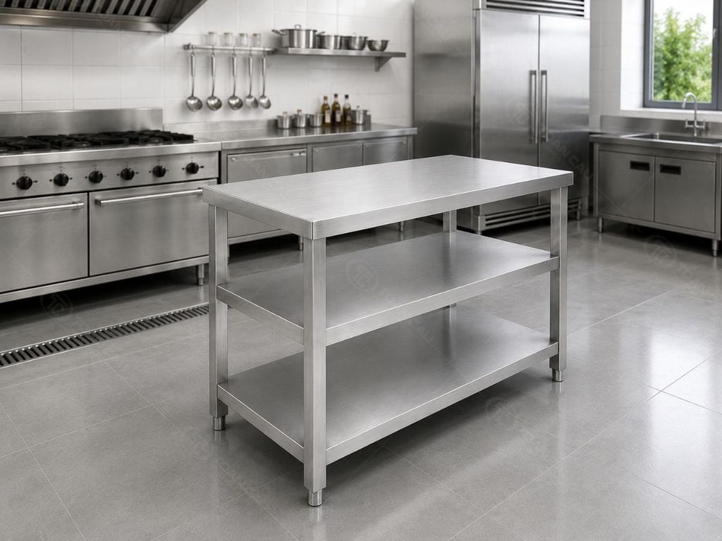 Kệ inox 3 tầng giá phẳng TC-KP3T trong không gian bếp công nghiệp