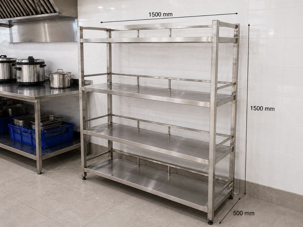 Kệ inox 4 tầng giá phẳng có lan can TC-KPC04 thực tế