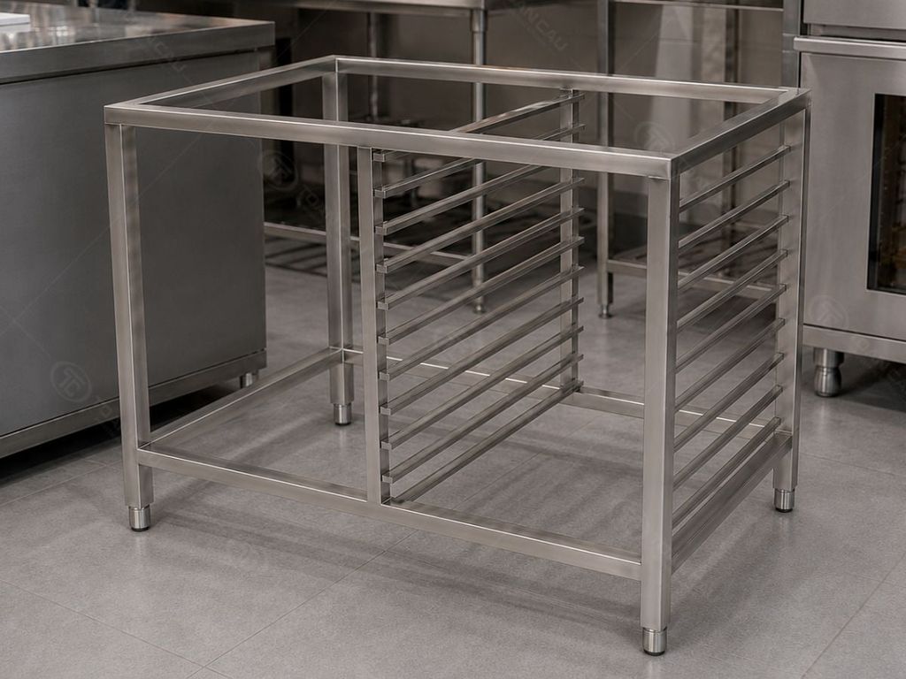 Kệ inox để lò nướng có dãy gát khay TC-KLN01 trong không gian bếp