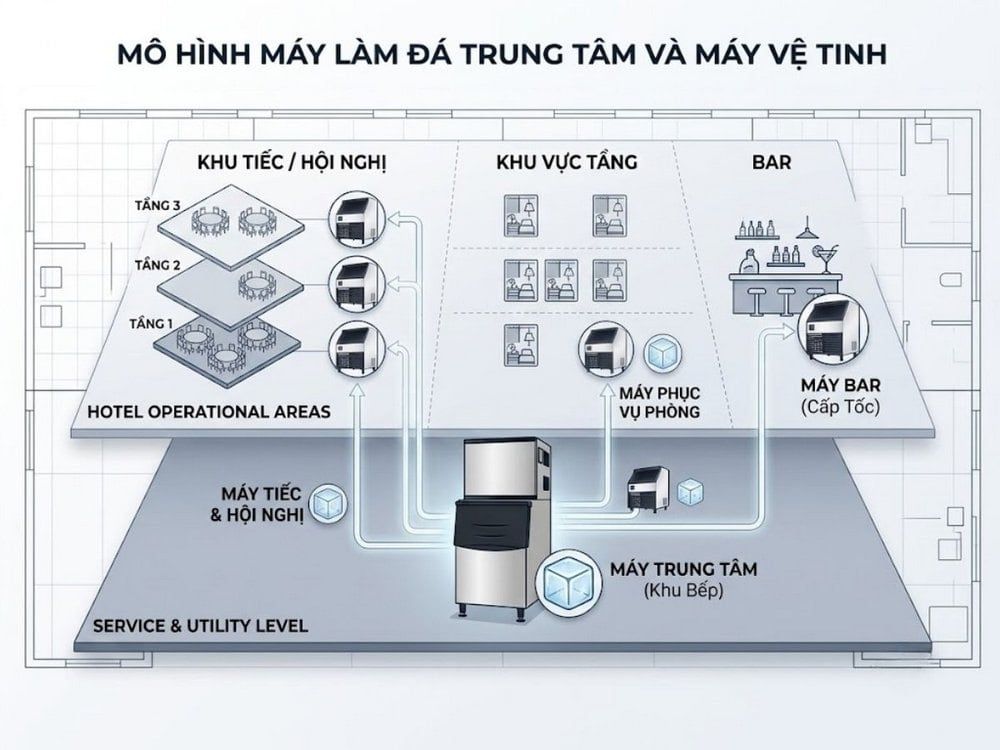 Mô hình máy làm đá trung tâm và máy vệ tinh cho khách sạn