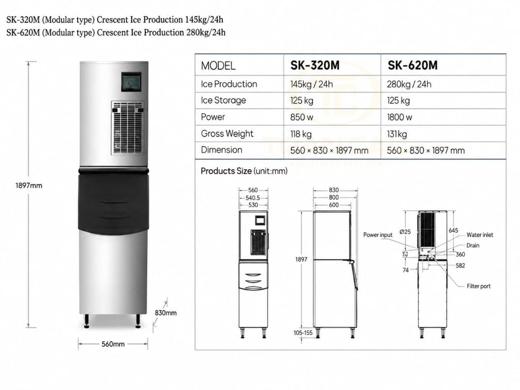 Máy làm đá bán nguyệt Snooker Model: SK-320M thông số
