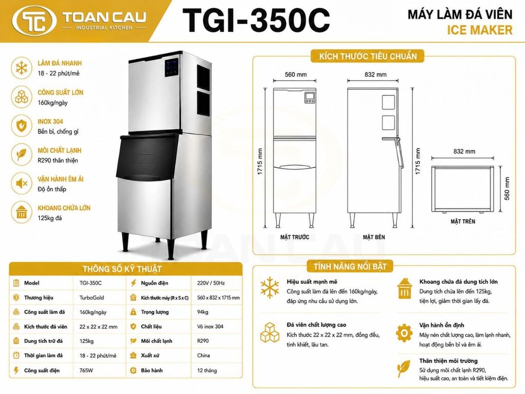 Máy làm đá viên TurboGold TGI-350C thông số kỹ thuật và kích thước