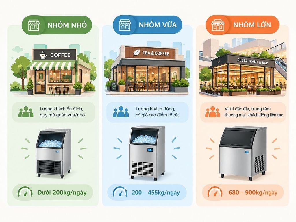 Phân nhóm chi nhánh theo quy mô trước khi chọn công suất máy làm đá